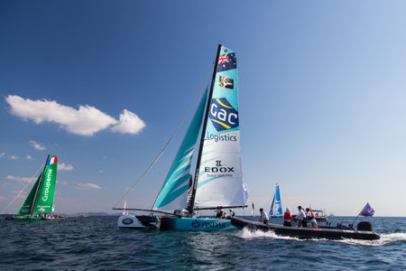 ISTANBUL, TURKEY - SEPTEMBER 13, 2014: Skipper Nathan Wilmot, GAC Pindar Team competes in Extreme Sailing Series.のeditorial素材