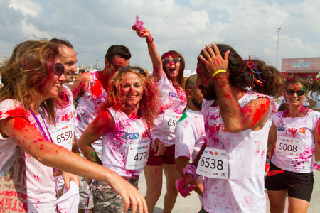 ISTANBUL, TURKEY - SEPTEMBER 14, 2014: People have fun in Istanbul Color Sky 5K.