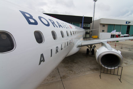 ISTANBUL, TURKEY - SEPTEMBER 27, 2014: Borajet Embraer E190 in Istanbul Airshow which held in...