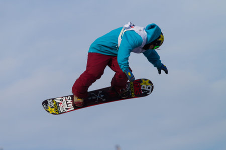 ISTANBUL, TURKEY - DECEMBER 20, 2014: Cheryl Maas jump in FIS Snowboard World Cup Big Air. This is...