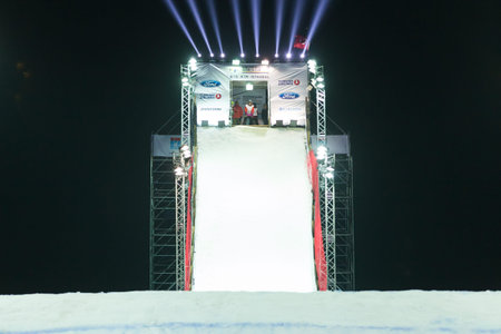 ISTANBUL, TURKEY - DECEMBER 20, 2014: Sina Candrian jump in FIS Snowboard World Cup Big Air. This is first Big Air event for both, men and women.のeditorial素材