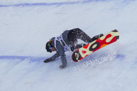 ISTANBUL, TURKEY - DECEMBER 20, 2014: Klaudia Medlova jump in FIS Snowboard World Cup Big Air. This is first Big Air event for both, men and women.のeditorial素材