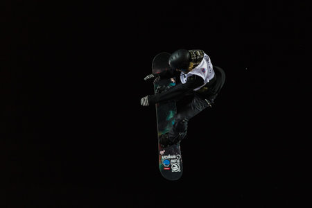 ISTANBUL, TURKEY - DECEMBER 20, 2014: Urska Pribosic jump in FIS Snowboard World Cup Big Air. This...