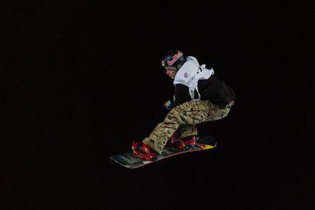 ISTANBUL, TURKEY - DECEMBER 20, 2014: Seppe Smits jump in FIS Snowboard World Cup Big Air. This is...