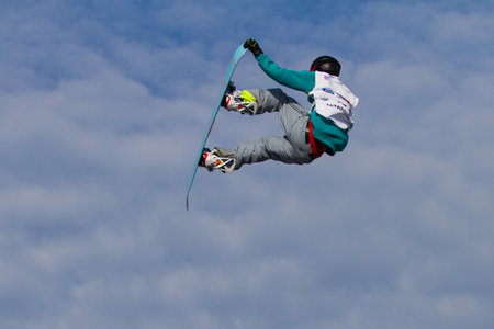 ISTANBUL, TURKEY - DECEMBER 20, 2014: Jan Scherrer jump in FIS Snowboard World Cup Big Air. This is first Big Air event for both, men and women.のeditorial素材