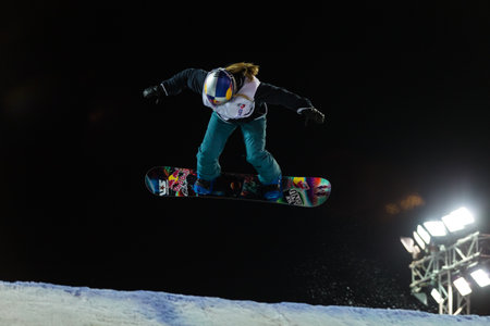 ISTANBUL, TURKEY - DECEMBER 20, 2014: Ty Walker jump in FIS Snowboard World Cup Big Air. This is first Big Air event for both, men and women.のeditorial素材