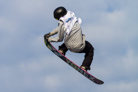 ISTANBUL, TURKEY - DECEMBER 20, 2014: Antoine Truchon jump in FIS Snowboard World Cup Big Air. This...
