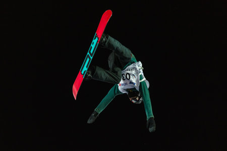 ISTANBUL, TURKEY - DECEMBER 20, 2014: Jonas Boesiger jump in FIS Snowboard World Cup Big Air. This is first Big Air event for both, men and women.のeditorial素材
