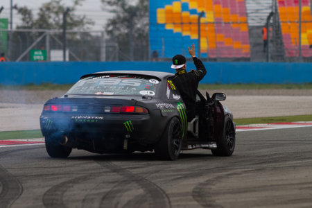 ISTANBUL, TURKEY - OCTOBER 11, 2014: Driver Luke Woodham performs drift during FIA World Rallycross Championship.のeditorial素材