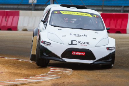 ISTANBUL, TURKEY - OCTOBER 11, 2014: Mikaela Ahlin Kottulinksy drives RX Lites of JC Raceteknik Team in FIA World Rallycross Championship.のeditorial素材