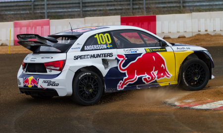 ISTANBUL, TURKEY - OCTOBER 11, 2014: Per Gunnar Andersson drives Audi S1 of EKS Team in FIA World Rallycross Championship.のeditorial素材