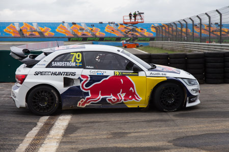 ISTANBUL, TURKEY - OCTOBER 11, 2014: Edward Sandstrom drives Audi S1 of EKS Team in FIA World Rallycross Championship.のeditorial素材