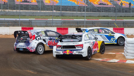 ISTANBUL, TURKEY - OCTOBER 11, 2014: Rallycross cars compite in FIA World Rallycross Championship.のeditorial素材