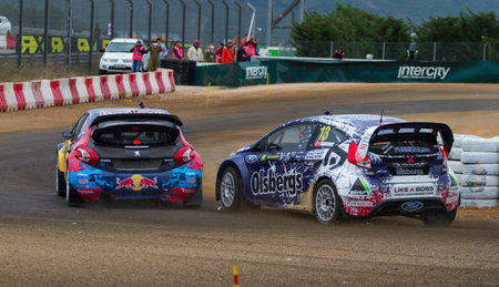 ISTANBUL, TURKEY - OCTOBER 12, 2014: Timmy Hansen and Andreas Bakkerud in FIA World Rallycross Championship.のeditorial素材