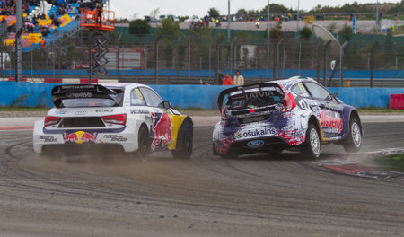 ISTANBUL, TURKEY - OCTOBER 12, 2014: Edward Sandstrom and Reinis Nitiss in FIA World Rallycross Championship.のeditorial素材
