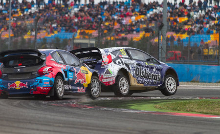 ISTANBUL, TURKEY - OCTOBER 12, 2014: Timmy Hansen and Andreas Bakkerud in FIA World Rallycross Championship.のeditorial素材
