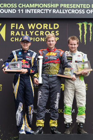 ISTANBUL, TURKEY - OCTOBER 12, 2014: Kevin Eriksson, Kevin Hansen and Daniel Holten in RX Lites class podium of FIA World Rallycross Championship.のeditorial素材