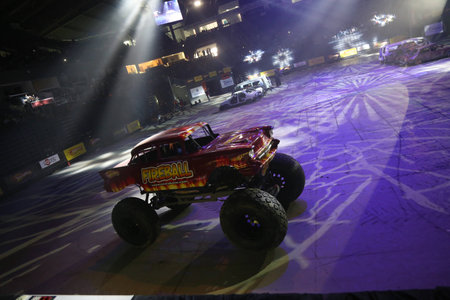 ISTANBUL, TURKEY - FEBRUARY 01, 2015: Monster Truck Fireball in Sinan Erdem Dome during Monster Hot Wheels stunt show.のeditorial素材