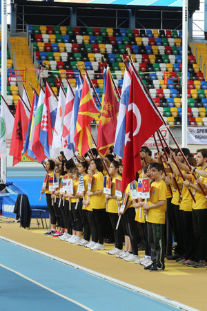 ISTANBUL, TURKEY - FEBRUARY 21, 2015: Opening ceremony of Balkan Athletics Indoor Championships in Asli Cakir Alptekin Athletics hall.のeditorial素材