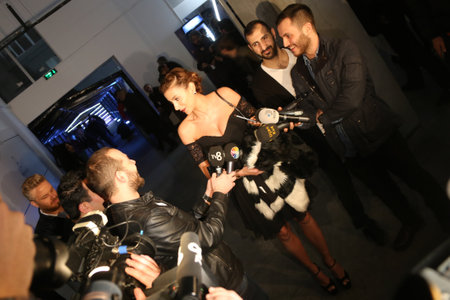 ISTANBUL, TURKEY - MARCH 17, 2015: Turkish Model Ozge Ulusoy interview in Lounge of Mercedes-Benz Fashion Week Istanbulのeditorial素材