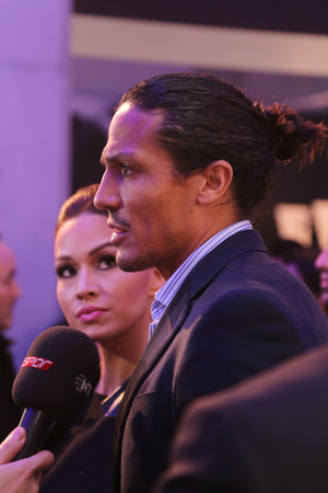 ISTANBUL, TURKEY - MARCH 18, 2015: Footballer Bruno Alves and his wife in Lounge of Mercedes-Benz Fashion Week Istanbulのeditorial素材