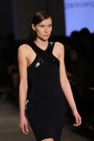 ISTANBUL, TURKEY - MARCH 20, 2015: A model showcases one of the latest creations by Gulcin Cengel in Mercedes-Benz Fashion Week Istanbulのeditorial素材