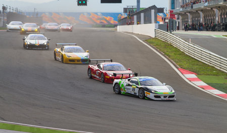 ISTANBUL, TURKEY - OCTOBER 26, 2014: Ferrari 458 Challenge during Ferrari Racing Days in Istanbul Park Racing Circuitのeditorial素材