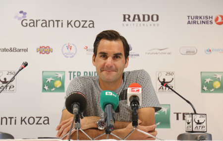 ISTANBUL, TURKEY - MAY 01, 2015: Swiss player Roger Federer in press conference after quarter final match of TEB BNP Paribas Istanbul Open 2015のeditorial素材