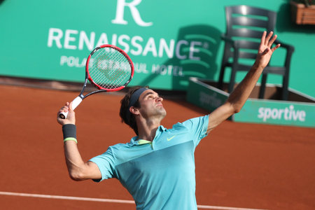 ISTANBUL, TURKEY - MAY 03, 2015: Swiss player Roger Federer in action during final match against Uruguayan player Pablo Cuevas in TEB BNP Paribas Istanbul Open 2015のeditorial素材