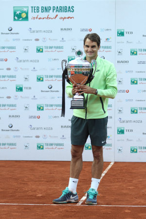 ISTANBUL, TURKEY - MAY 03, 2015: Swiss player Roger Federer celebrate the victory in TEB BNP Paribas Istanbul Open 2015のeditorial素材