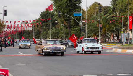 ISTANBUL, TURKEY - OCTOBER 29, 2014: Classic cars in Vatan Avenue during 29 October Republic Day celebration of Turkeyのeditorial素材