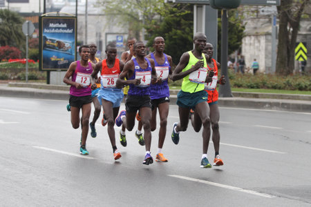 ISTANBUL, TURKEY - APRIL 26, 2015: Athletes are running in Old Town streets of Istanbul during Vodafone 10th Istanbul Half Marathonのeditorial素材