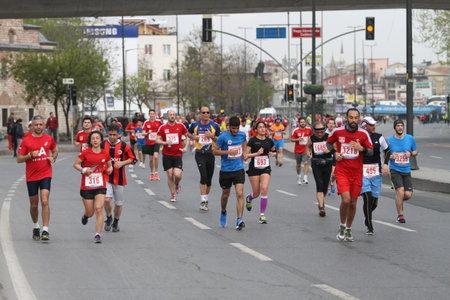 ISTANBUL, TURKEY - APRIL 26, 2015: Athletes are running in Old Town streets of Istanbul during Vodafone 10th Istanbul Half Marathonのeditorial素材