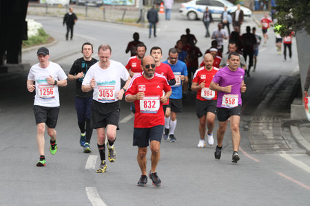 ISTANBUL, TURKEY - APRIL 26, 2015: Athletes are running in Old Town streets of Istanbul during Vodafone 10th Istanbul Half Marathonのeditorial素材