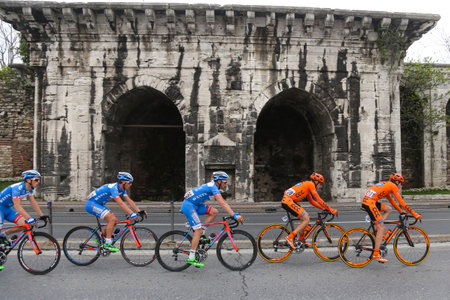 ISTANBUL, TURKEY - MAY 03, 2015: Cyclists in Sarayburnu district during Istanbul Stage of 51st Presidential Cycling Tour of Turkey.のeditorial素材