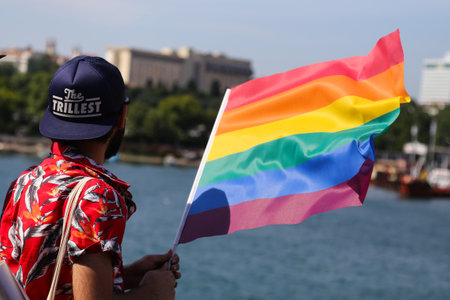 ISTANBUL, TURKEY - JUNE 28, 2015: People pass from Asian side to Taksim to participate Istanbul LGBTI Pride in Istiklal Avenueのeditorial素材