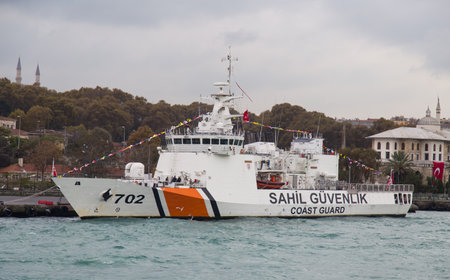 ISTANBUL, TURKEY - OCTOBER 29, 2014: Coast Guard Ship in Sarayburnu during 29 October Republic Day celebration of Turkeyのeditorial素材