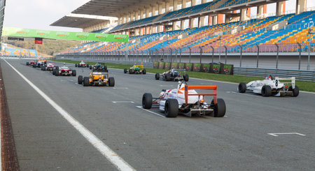 ISTANBUL, TURKEY - NOVEMBER 02, 2014: Formula Alfa Cars in start line of Istanbul Park Circuitのeditorial素材