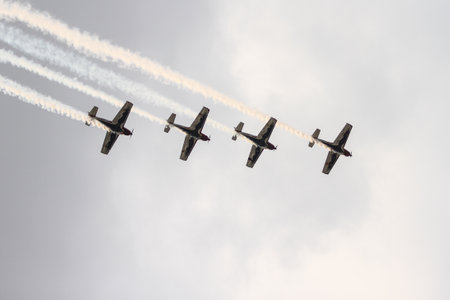 ISTANBUL, TURKEY - AUGUST 02, 2015: Pioneer Team performing show with Alpi Pioneer 330 Ultralight aircraft at the TATCA Airfest 2015のeditorial素材