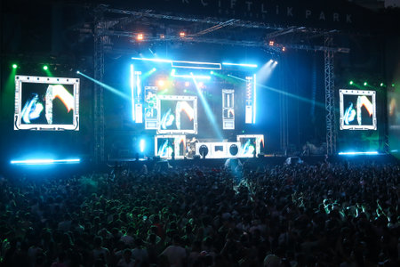 ISTANBUL, TURKEY - AUGUST 01, 2015: People have fun in Life in Color the Big Bang tour in Istanbul Kurucesme Arenaのeditorial素材