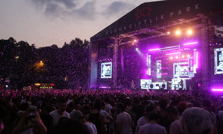 ISTANBUL, TURKEY - AUGUST 01, 2015: People have fun in Life in Color the Big Bang tour in Istanbul Kurucesme Arenaのeditorial素材