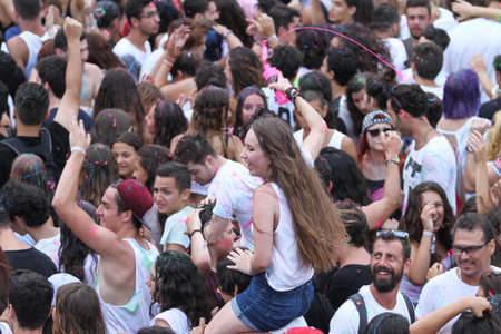 ISTANBUL, TURKEY - AUGUST 01, 2015: People have fun in Life in Color the Big Bang tour in Istanbul Kurucesme Arenaのeditorial素材