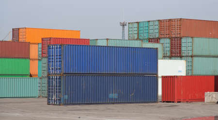 Containers waiting to transfer in a portの写真素材