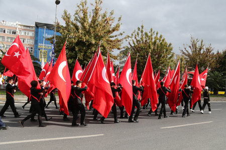 ISTANBUL, TURKEY - OCTOBER 29, 2015: Soldiers march with flags in Vatan Avenue during 29 October Republic Day celebration of Turkeyのeditorial素材