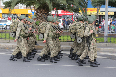 ISTANBUL, TURKEY - OCTOBER 29, 2015: Soldiers march in Vatan Avenue during 29 October Republic Day celebration of Turkeyのeditorial素材
