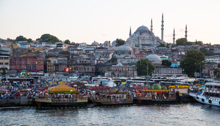 ISTANBUL, TURKEY - JULY 17, 2015: Fisher boats in Eminonu District. Eminonu fisher boats are one of the most touristic place in Istanbul.のeditorial素材