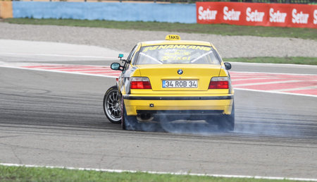 ISTANBUL, TURKEY - OCTOBER 03, 2015: Driver Kemal Ozhaseki performs drift during FIA World...