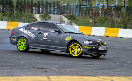 ISTANBUL, TURKEY - OCTOBER 31, 2015: Musa Topbas drives BMW drift car in Apex Masters Turkish Drift...