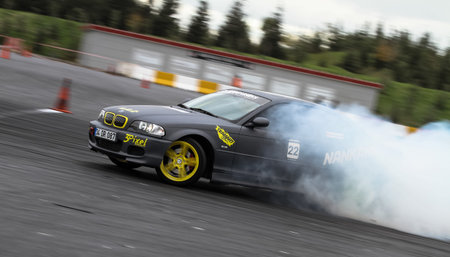 ISTANBUL, TURKEY - OCTOBER 31, 2015: Musa Topbas drives BMW drift car in Apex Masters Turkish Drift...