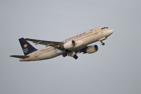 ISTANBUL, TURKEY - NOVEMBER 21, 2015: Saudi Arabian Airlines Airbus A320-214 (CN 4519) takes off...